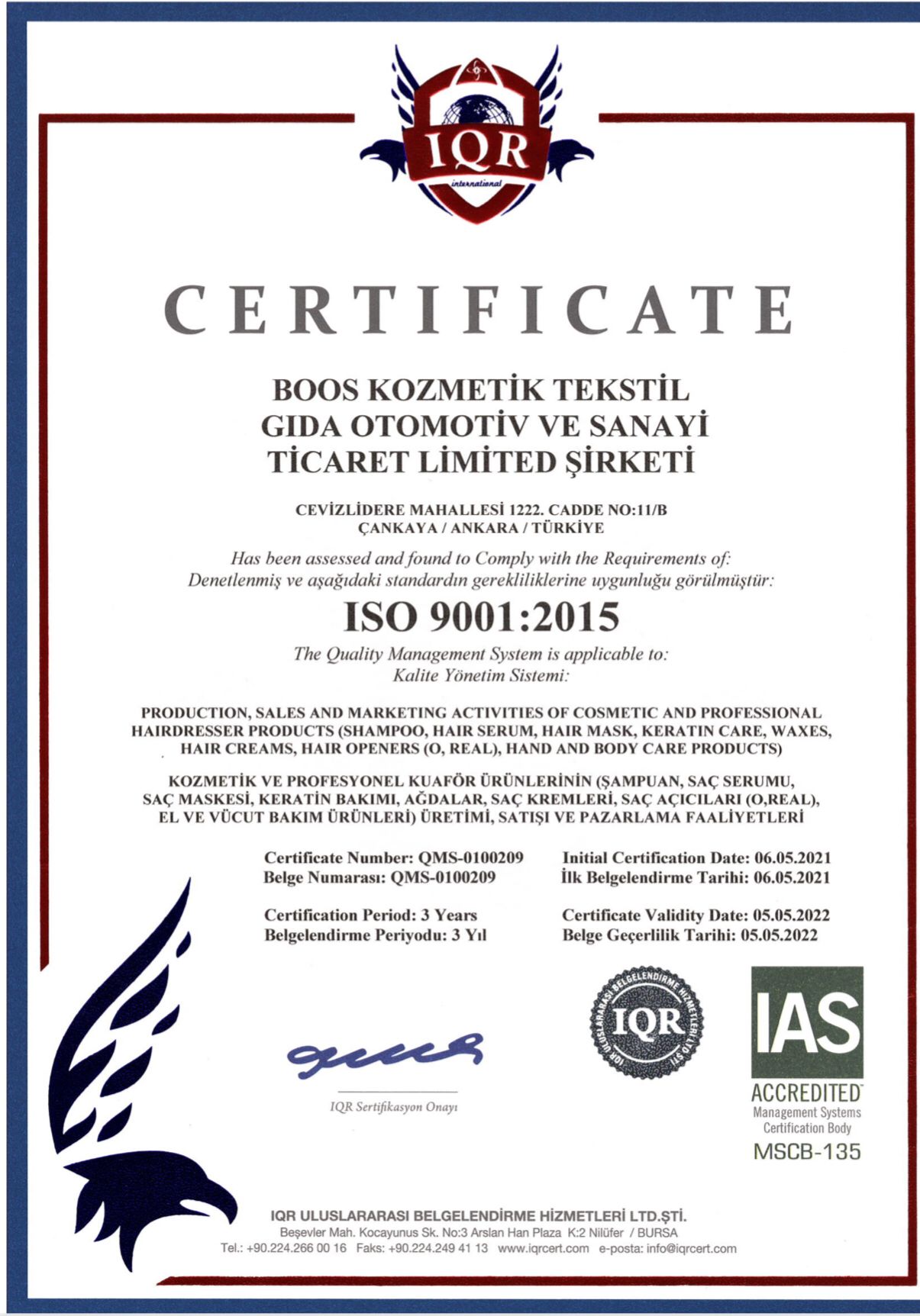 Boos Kozmetik iso sertifikalarımız 9001:2015