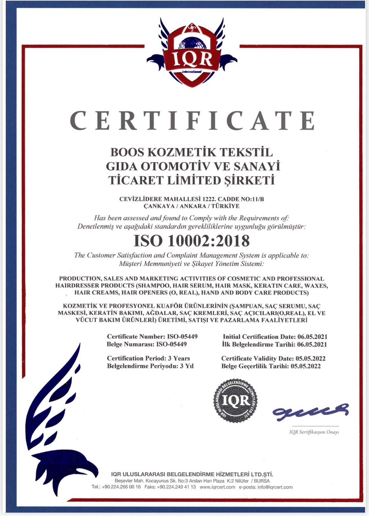 Boos Kozmetik iso sertifikalarımız 10002:2018